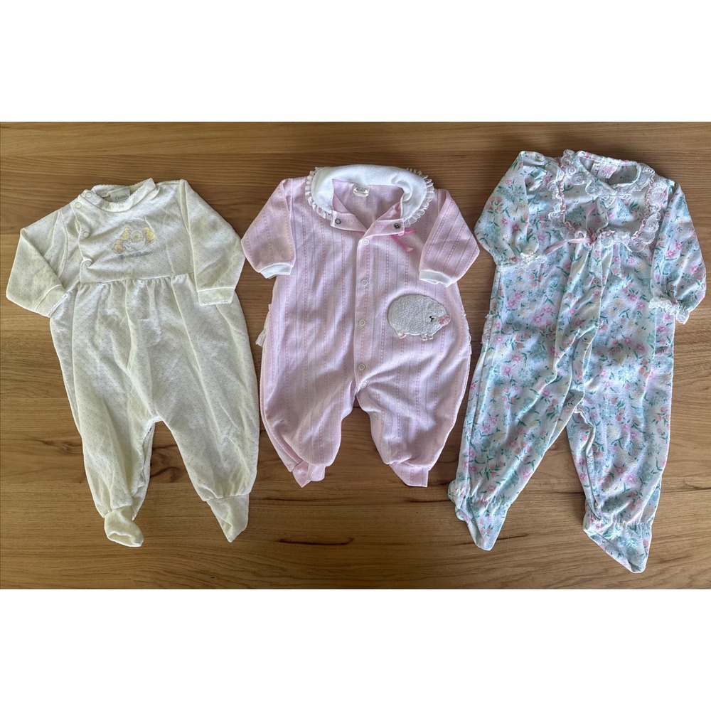 3 VTG Infant Girl's One Piece Snap Up Outfits 80s 90s Cotton. Size 3-6 Mo-12mo